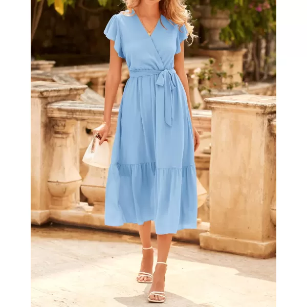 BTFBM Women Summer Bohemian Floral Casual Wrap V Neck Ruffle Cap Sleeveless Belt ALine Pleated Hem Midi Sun Dress WhiteSolid Light Blue