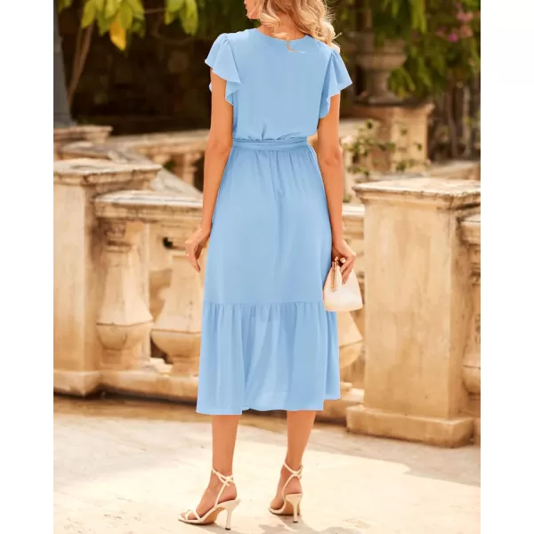 BTFBM Women Summer Bohemian Floral Casual Wrap V Neck Ruffle Cap Sleeveless Belt ALine Pleated Hem Midi Sun Dress WhiteSolid Light Blue