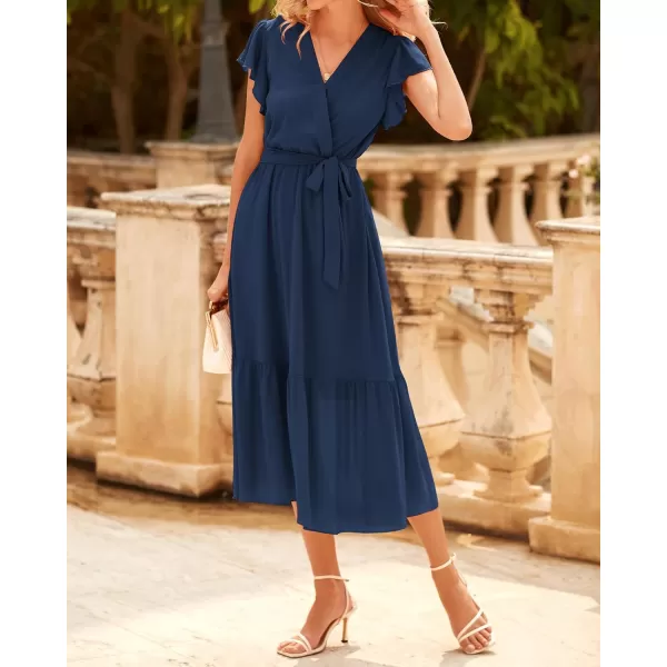 BTFBM Women Summer Bohemian Floral Casual Wrap V Neck Ruffle Cap Sleeveless Belt ALine Pleated Hem Midi Sun Dress WhiteSolid Navy