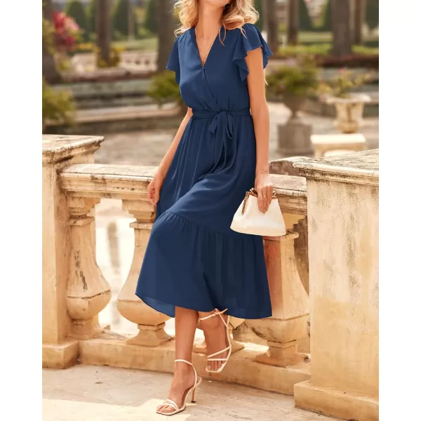 BTFBM Women Summer Bohemian Floral Casual Wrap V Neck Ruffle Cap Sleeveless Belt ALine Pleated Hem Midi Sun Dress WhiteSolid Navy
