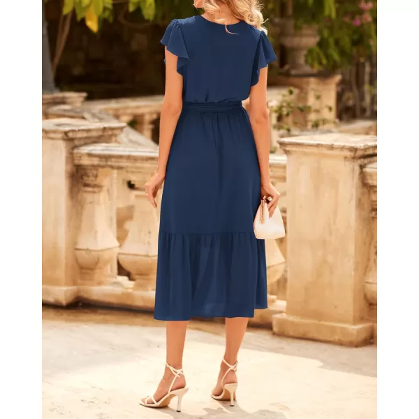 BTFBM Women Summer Bohemian Floral Casual Wrap V Neck Ruffle Cap Sleeveless Belt ALine Pleated Hem Midi Sun Dress WhiteSolid Navy