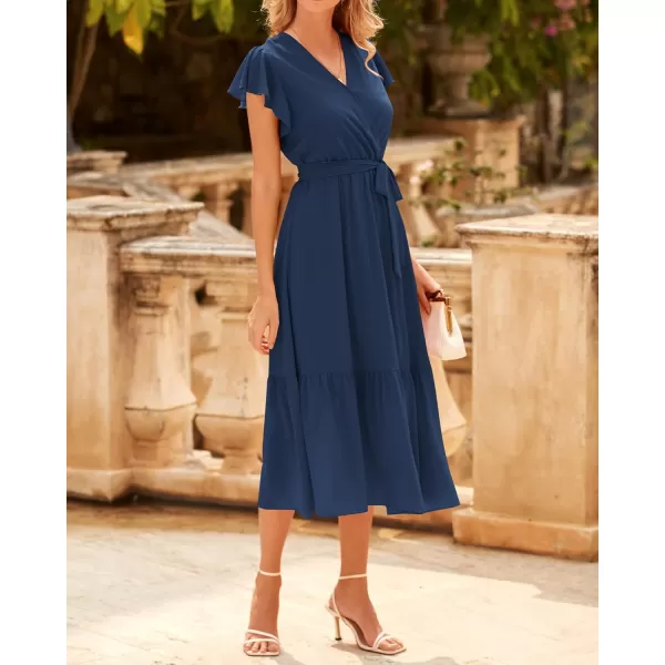 BTFBM Women Summer Bohemian Floral Casual Wrap V Neck Ruffle Cap Sleeveless Belt ALine Pleated Hem Midi Sun Dress WhiteSolid Navy