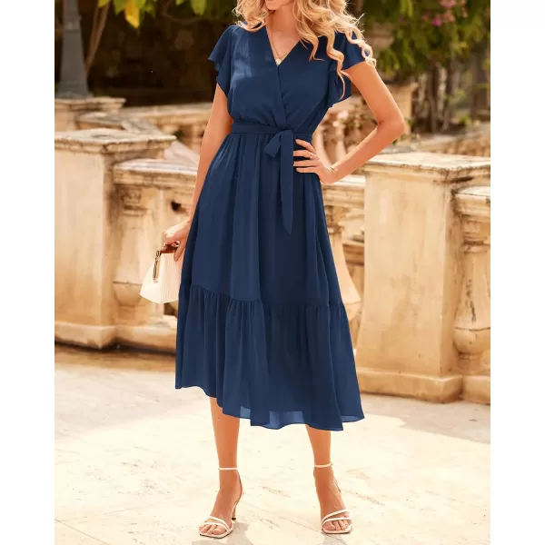 BTFBM Women Summer Bohemian Floral Casual Wrap V Neck Ruffle Cap Sleeveless Belt ALine Pleated Hem Midi Sun Dress WhiteSolid Navy