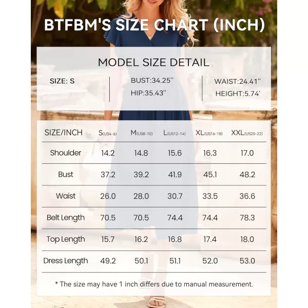 BTFBM Women Summer Bohemian Floral Casual Wrap V Neck Ruffle Cap Sleeveless Belt ALine Pleated Hem Midi Sun Dress WhiteSolid Navy