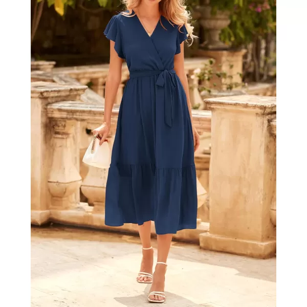 BTFBM Women Summer Bohemian Floral Casual Wrap V Neck Ruffle Cap Sleeveless Belt ALine Pleated Hem Midi Sun Dress WhiteSolid Navy