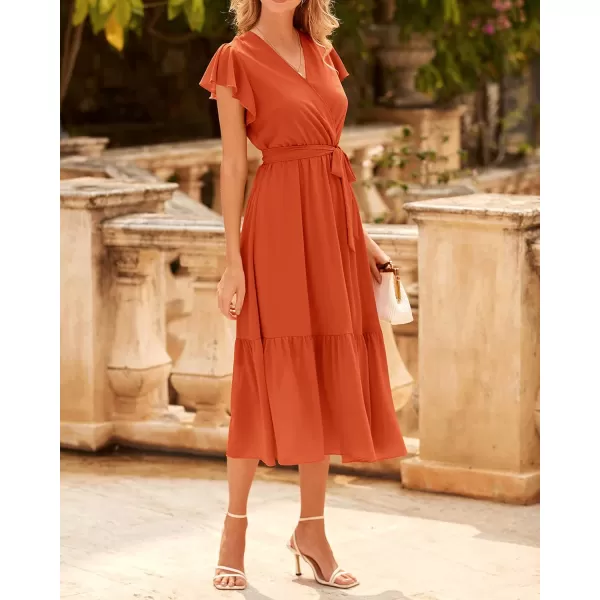 BTFBM Women Summer Bohemian Floral Casual Wrap V Neck Ruffle Cap Sleeveless Belt ALine Pleated Hem Midi Sun Dress WhiteSolid Orange Red