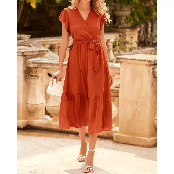 BTFBM Women Summer Bohemian Floral Casual Wrap V Neck Ruffle Cap Sleeveless Belt ALine Pleated Hem Midi Sun Dress WhiteSolid Orange Red