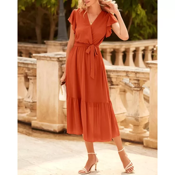 BTFBM Women Summer Bohemian Floral Casual Wrap V Neck Ruffle Cap Sleeveless Belt ALine Pleated Hem Midi Sun Dress WhiteSolid Orange Red