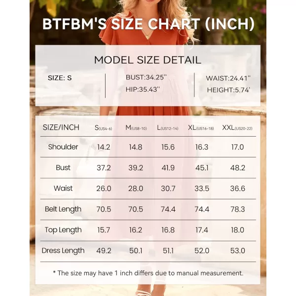 BTFBM Women Summer Bohemian Floral Casual Wrap V Neck Ruffle Cap Sleeveless Belt ALine Pleated Hem Midi Sun Dress WhiteSolid Orange Red