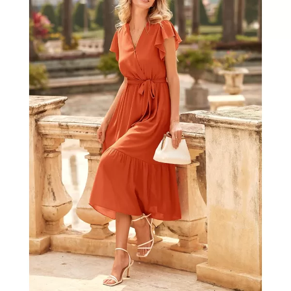 BTFBM Women Summer Bohemian Floral Casual Wrap V Neck Ruffle Cap Sleeveless Belt ALine Pleated Hem Midi Sun Dress WhiteSolid Orange Red