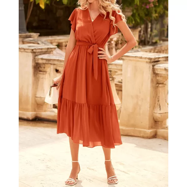 BTFBM Women Summer Bohemian Floral Casual Wrap V Neck Ruffle Cap Sleeveless Belt ALine Pleated Hem Midi Sun Dress WhiteSolid Orange Red