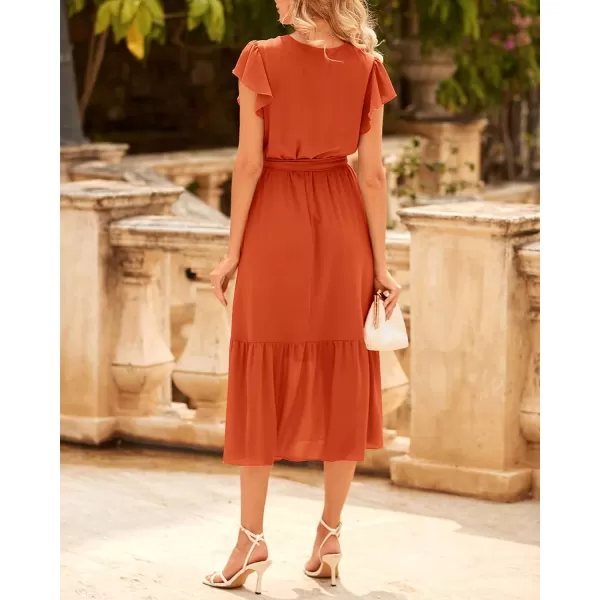BTFBM Women Summer Bohemian Floral Casual Wrap V Neck Ruffle Cap Sleeveless Belt ALine Pleated Hem Midi Sun Dress WhiteSolid Orange Red