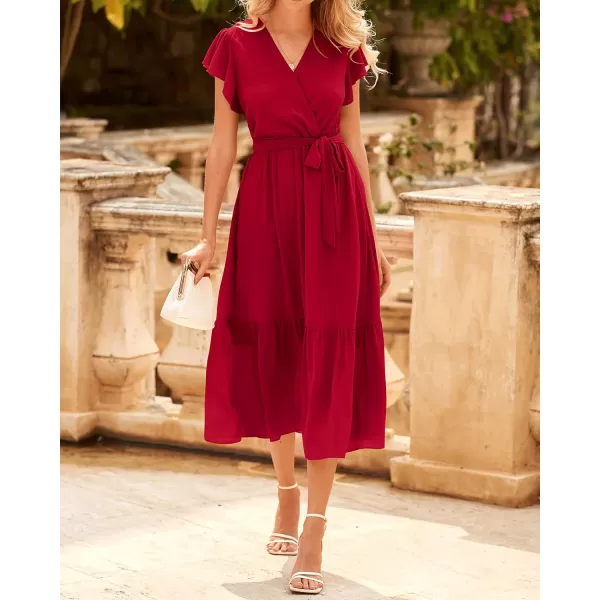 BTFBM Women Summer Bohemian Floral Casual Wrap V Neck Ruffle Cap Sleeveless Belt ALine Pleated Hem Midi Sun Dress WhiteSolid Red