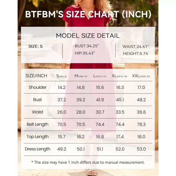 BTFBM Women Summer Bohemian Floral Casual Wrap V Neck Ruffle Cap Sleeveless Belt ALine Pleated Hem Midi Sun Dress WhiteSolid Red