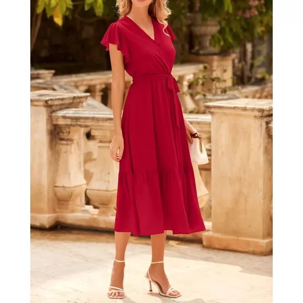 BTFBM Women Summer Bohemian Floral Casual Wrap V Neck Ruffle Cap Sleeveless Belt ALine Pleated Hem Midi Sun Dress WhiteSolid Red