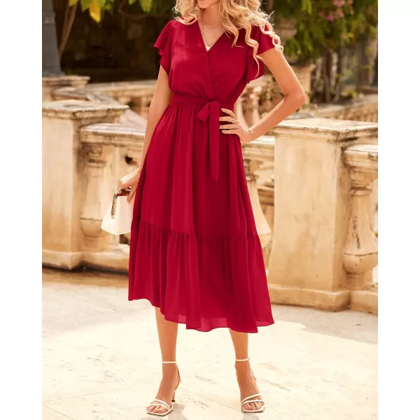 BTFBM Women Summer Bohemian Floral Casual Wrap V Neck Ruffle Cap Sleeveless Belt ALine Pleated Hem Midi Sun Dress WhiteSolid Red