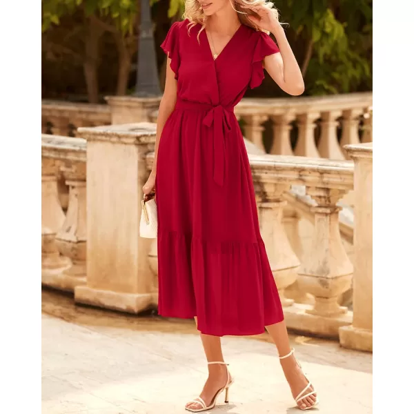 BTFBM Women Summer Bohemian Floral Casual Wrap V Neck Ruffle Cap Sleeveless Belt ALine Pleated Hem Midi Sun Dress WhiteSolid Red