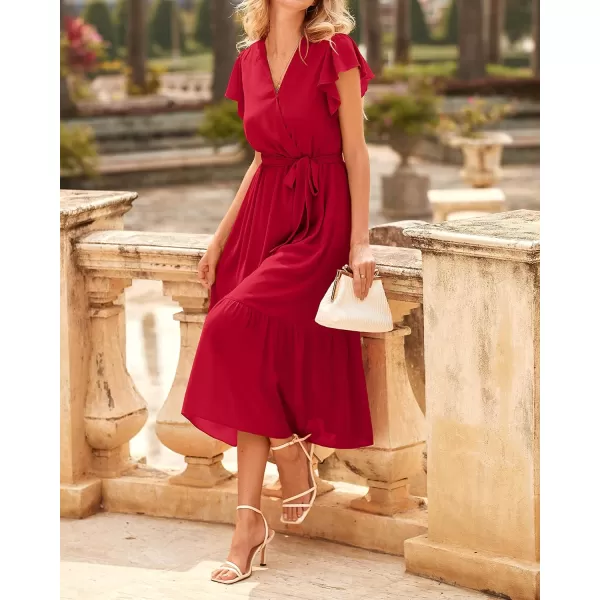 BTFBM Women Summer Bohemian Floral Casual Wrap V Neck Ruffle Cap Sleeveless Belt ALine Pleated Hem Midi Sun Dress WhiteSolid Red