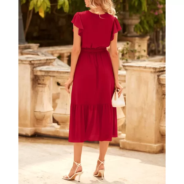 BTFBM Women Summer Bohemian Floral Casual Wrap V Neck Ruffle Cap Sleeveless Belt ALine Pleated Hem Midi Sun Dress WhiteSolid Red