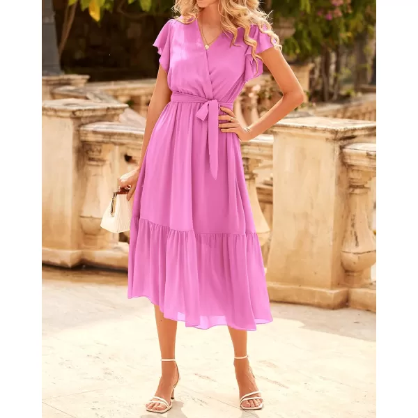 BTFBM Women Summer Bohemian Floral Casual Wrap V Neck Ruffle Cap Sleeveless Belt ALine Pleated Hem Midi Sun Dress WhiteSolid Rose Pink