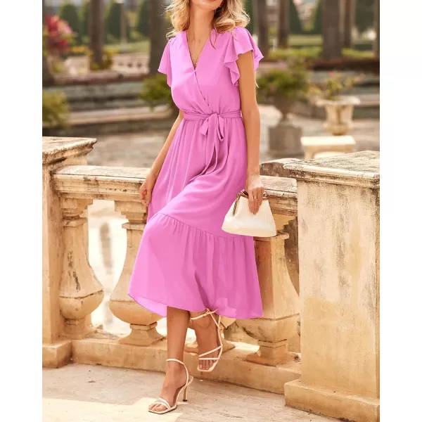 BTFBM Women Summer Bohemian Floral Casual Wrap V Neck Ruffle Cap Sleeveless Belt ALine Pleated Hem Midi Sun Dress WhiteSolid Rose Pink