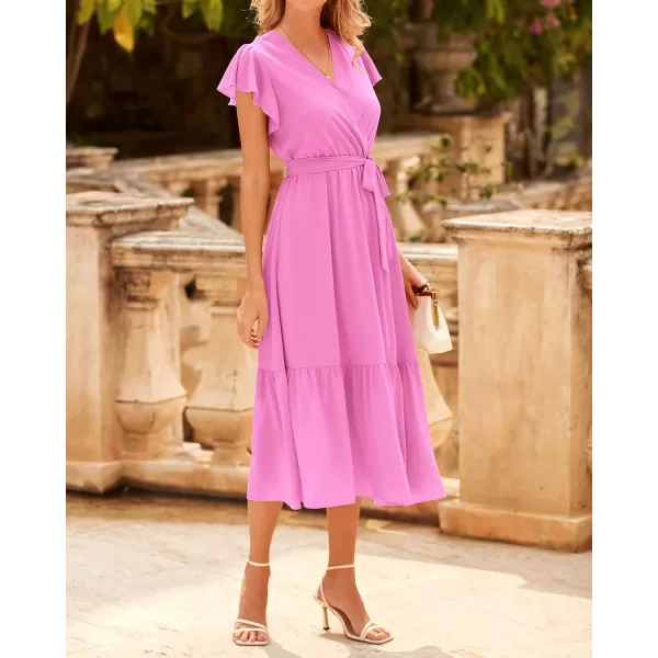 BTFBM Women Summer Bohemian Floral Casual Wrap V Neck Ruffle Cap Sleeveless Belt ALine Pleated Hem Midi Sun Dress WhiteSolid Rose Pink