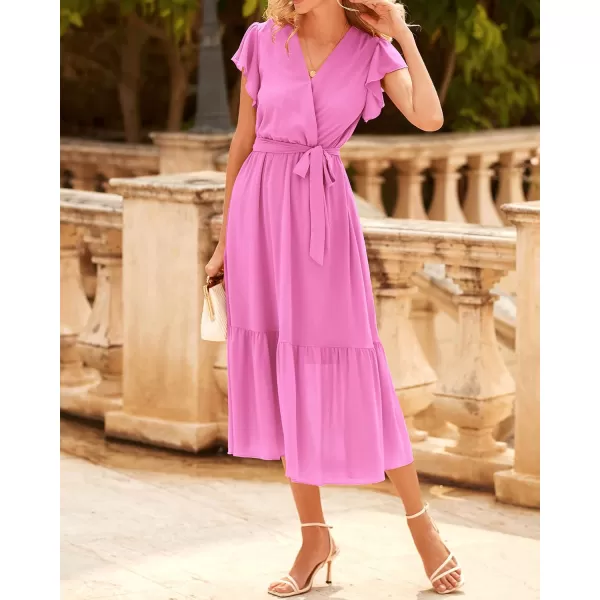 BTFBM Women Summer Bohemian Floral Casual Wrap V Neck Ruffle Cap Sleeveless Belt ALine Pleated Hem Midi Sun Dress WhiteSolid Rose Pink
