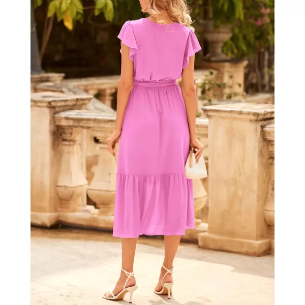 BTFBM Women Summer Bohemian Floral Casual Wrap V Neck Ruffle Cap Sleeveless Belt ALine Pleated Hem Midi Sun Dress WhiteSolid Rose Pink