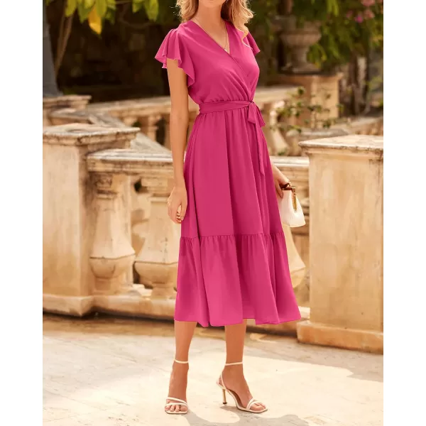 BTFBM Women Summer Bohemian Floral Casual Wrap V Neck Ruffle Cap Sleeveless Belt ALine Pleated Hem Midi Sun Dress WhiteSolid Rose Red