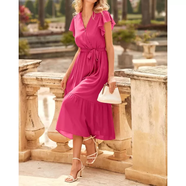 BTFBM Women Summer Bohemian Floral Casual Wrap V Neck Ruffle Cap Sleeveless Belt ALine Pleated Hem Midi Sun Dress WhiteSolid Rose Red