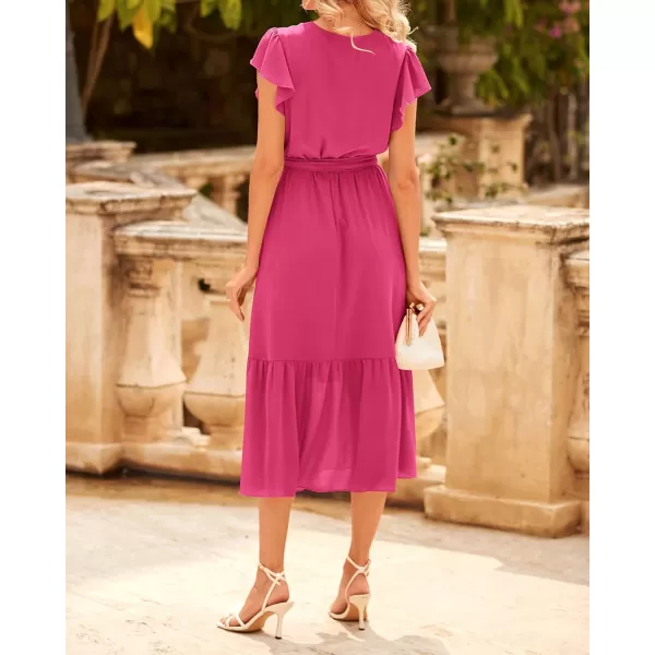 BTFBM Women Summer Bohemian Floral Casual Wrap V Neck Ruffle Cap Sleeveless Belt ALine Pleated Hem Midi Sun Dress WhiteSolid Rose Red