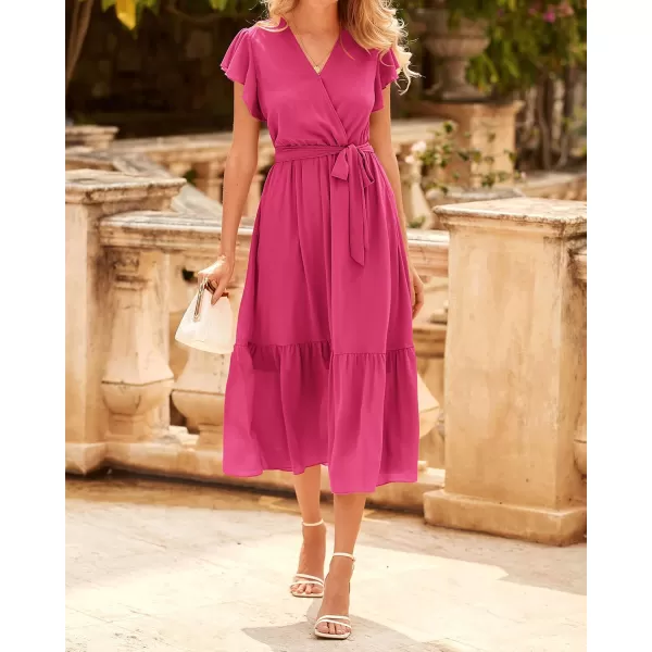 BTFBM Women Summer Bohemian Floral Casual Wrap V Neck Ruffle Cap Sleeveless Belt ALine Pleated Hem Midi Sun Dress WhiteSolid Rose Red