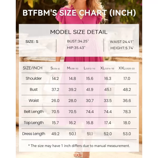 BTFBM Women Summer Bohemian Floral Casual Wrap V Neck Ruffle Cap Sleeveless Belt ALine Pleated Hem Midi Sun Dress WhiteSolid Rose Red
