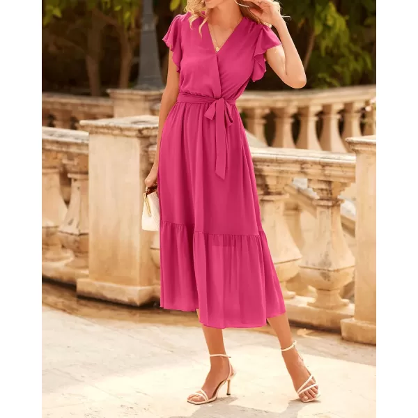 BTFBM Women Summer Bohemian Floral Casual Wrap V Neck Ruffle Cap Sleeveless Belt ALine Pleated Hem Midi Sun Dress WhiteSolid Rose Red