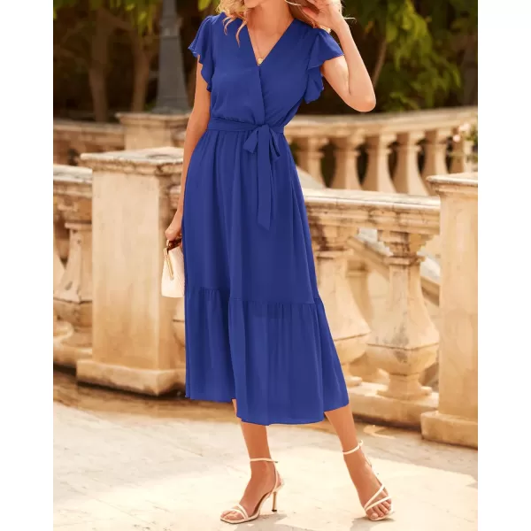 BTFBM Women Summer Bohemian Floral Casual Wrap V Neck Ruffle Cap Sleeveless Belt ALine Pleated Hem Midi Sun Dress WhiteSolid Royal Blue