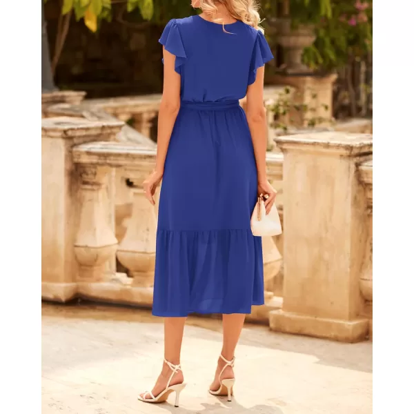 BTFBM Women Summer Bohemian Floral Casual Wrap V Neck Ruffle Cap Sleeveless Belt ALine Pleated Hem Midi Sun Dress WhiteSolid Royal Blue
