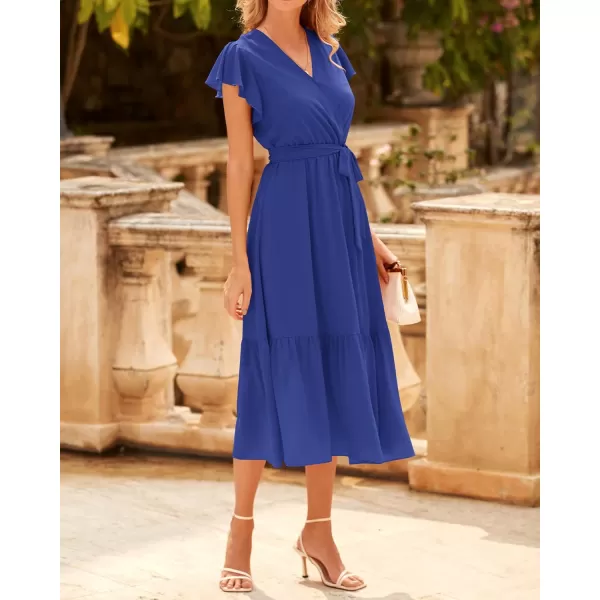 BTFBM Women Summer Bohemian Floral Casual Wrap V Neck Ruffle Cap Sleeveless Belt ALine Pleated Hem Midi Sun Dress WhiteSolid Royal Blue
