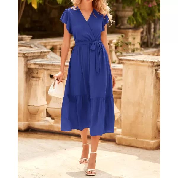 BTFBM Women Summer Bohemian Floral Casual Wrap V Neck Ruffle Cap Sleeveless Belt ALine Pleated Hem Midi Sun Dress WhiteSolid Royal Blue