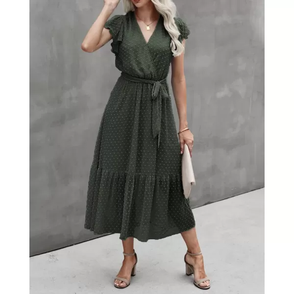 BTFBM Women Summer Bohemian Floral Casual Wrap V Neck Ruffle Cap Sleeveless Belt ALine Pleated Hem Midi Sun Dress WhiteSwiss Dot Army Green