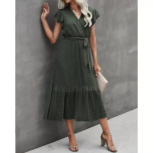 BTFBM Women Summer Bohemian Floral Casual Wrap V Neck Ruffle Cap Sleeveless Belt ALine Pleated Hem Midi Sun Dress WhiteSwiss Dot Army Green