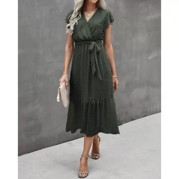 BTFBM Women Summer Bohemian Floral Casual Wrap V Neck Ruffle Cap Sleeveless Belt ALine Pleated Hem Midi Sun Dress WhiteSwiss Dot Army Green