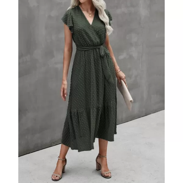 BTFBM Women Summer Bohemian Floral Casual Wrap V Neck Ruffle Cap Sleeveless Belt ALine Pleated Hem Midi Sun Dress WhiteSwiss Dot Army Green