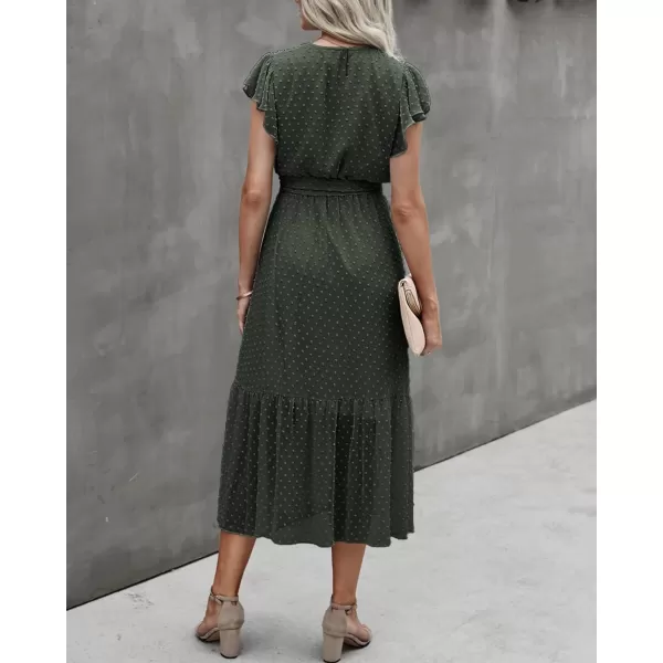 BTFBM Women Summer Bohemian Floral Casual Wrap V Neck Ruffle Cap Sleeveless Belt ALine Pleated Hem Midi Sun Dress WhiteSwiss Dot Army Green