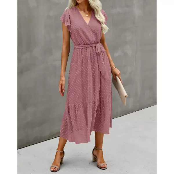 BTFBM Women Summer Bohemian Floral Casual Wrap V Neck Ruffle Cap Sleeveless Belt ALine Pleated Hem Midi Sun Dress WhiteSwiss Dot Bean Paste Red