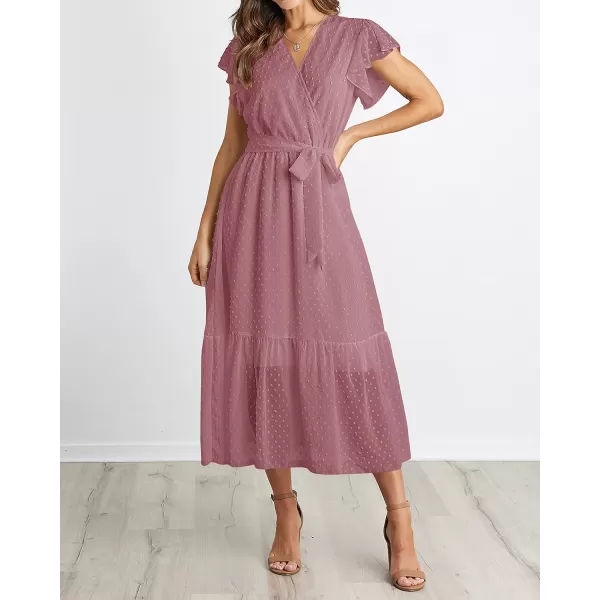 BTFBM Women Summer Bohemian Floral Casual Wrap V Neck Ruffle Cap Sleeveless Belt ALine Pleated Hem Midi Sun Dress WhiteSwiss Dot Bean Paste Red