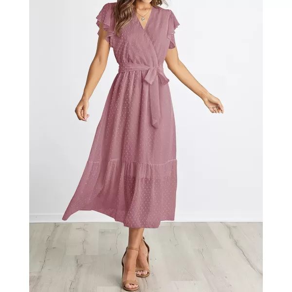 BTFBM Women Summer Bohemian Floral Casual Wrap V Neck Ruffle Cap Sleeveless Belt ALine Pleated Hem Midi Sun Dress WhiteSwiss Dot Bean Paste Red
