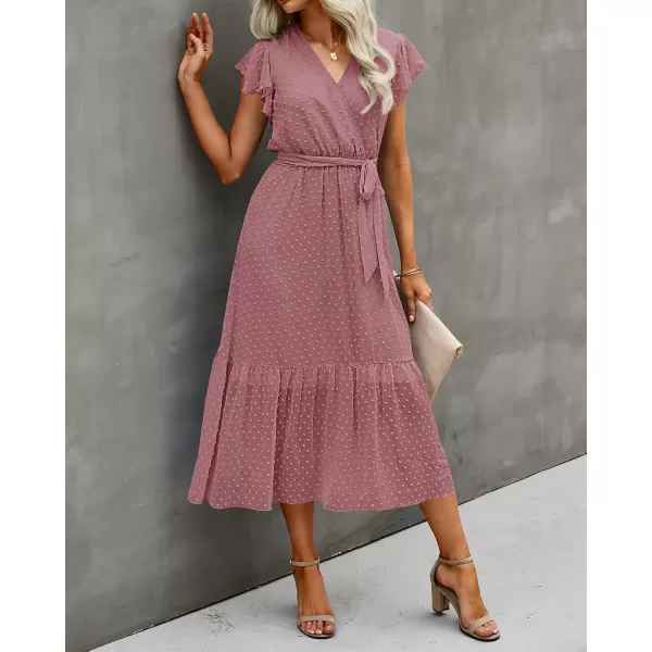 BTFBM Women Summer Bohemian Floral Casual Wrap V Neck Ruffle Cap Sleeveless Belt ALine Pleated Hem Midi Sun Dress WhiteSwiss Dot Bean Paste Red