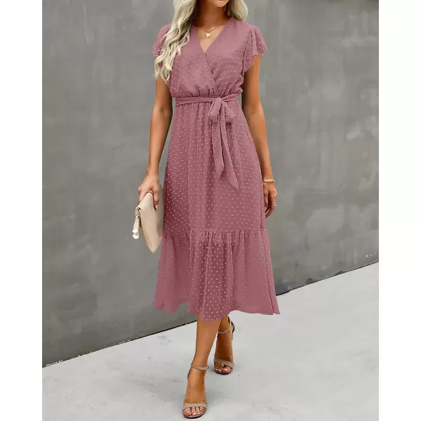 BTFBM Women Summer Bohemian Floral Casual Wrap V Neck Ruffle Cap Sleeveless Belt ALine Pleated Hem Midi Sun Dress WhiteSwiss Dot Bean Paste Red