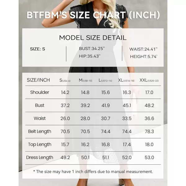 BTFBM Women Summer Bohemian Floral Casual Wrap V Neck Ruffle Cap Sleeveless Belt ALine Pleated Hem Midi Sun Dress WhiteSwiss Dot Black