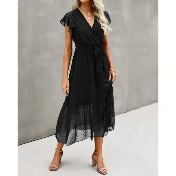 BTFBM Women Summer Bohemian Floral Casual Wrap V Neck Ruffle Cap Sleeveless Belt ALine Pleated Hem Midi Sun Dress WhiteSwiss Dot Black